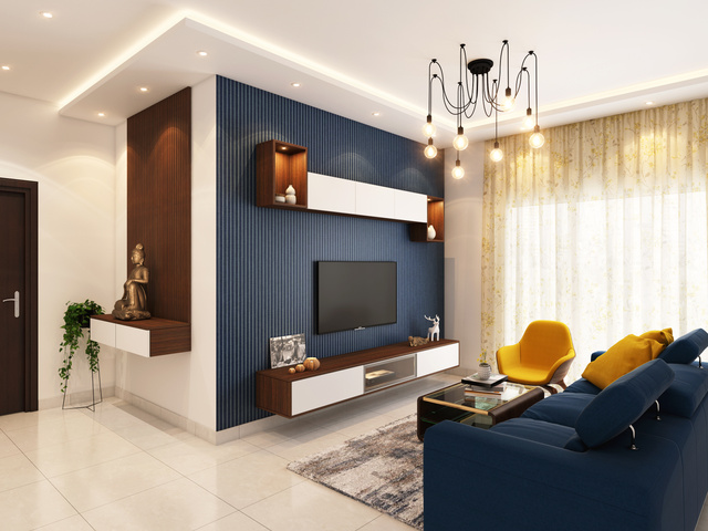 a modern living room with blue and yellow accents