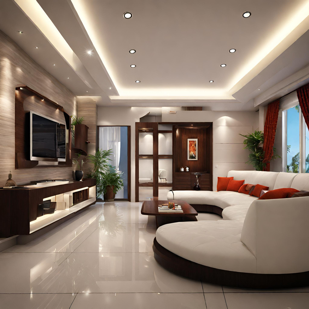 a modern living room with white furniture and orange accents with a stunning false celling for ambient lighting